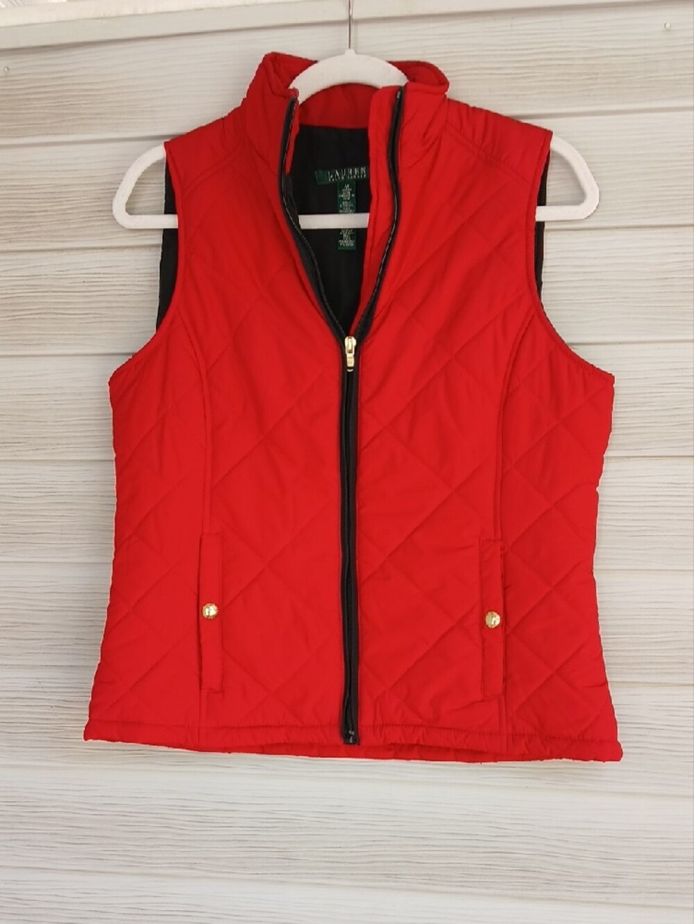 Lauren Ralph Lauren Vibrant Red Quilted Sleeveless Vest with Gold Accents - Picture 3 of 8